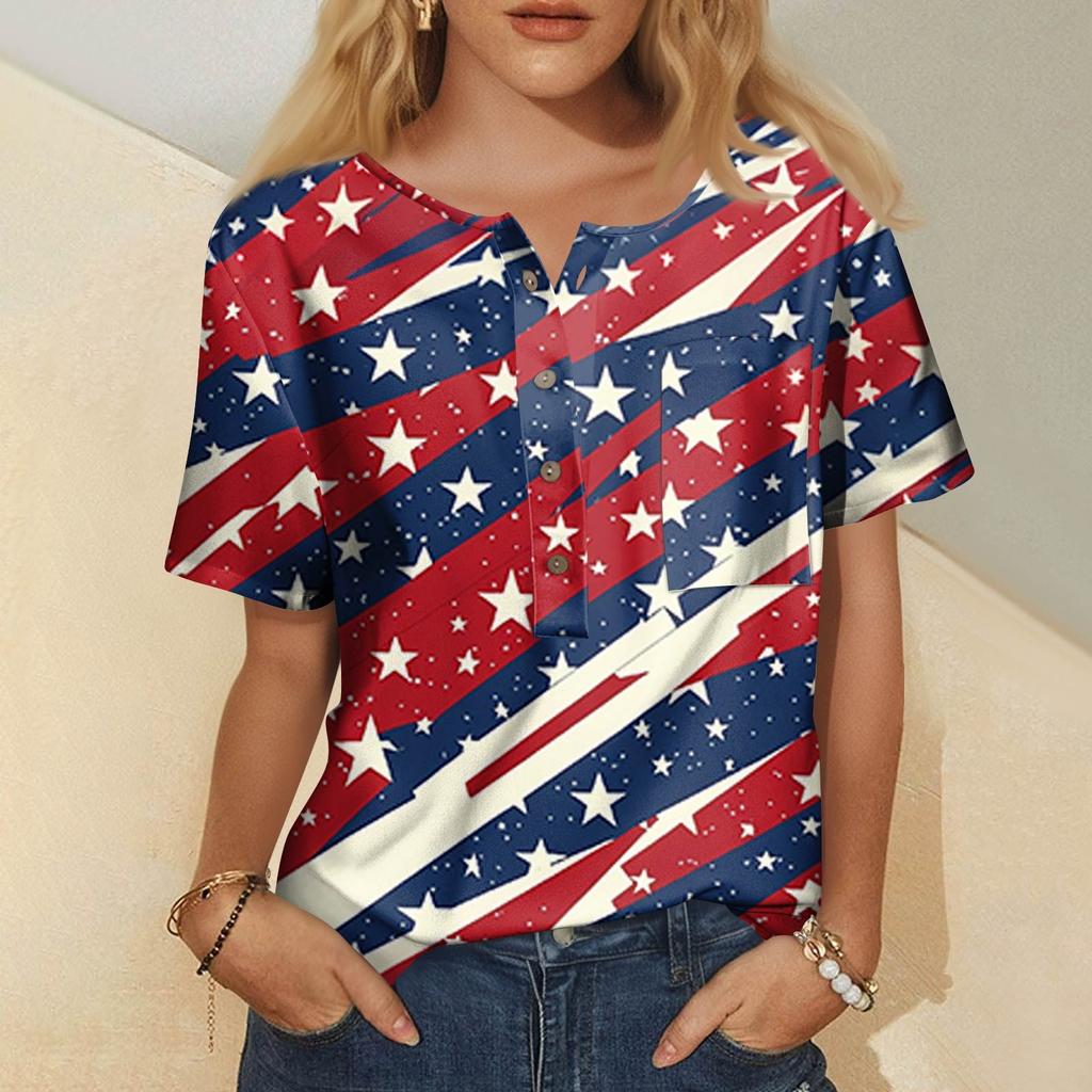 Modna damska bluzka z krótkim rękawem i nadrukiem, okrągłym dekoltem