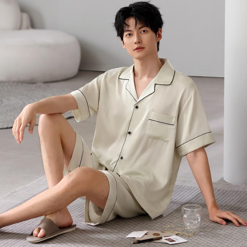 Sommer Eis Seide Pyjama Herren Revers Kurzarm Shorts Einfarbig Kühl Eis und Schnee Seide Sommer Klimatisierte Pyjamas