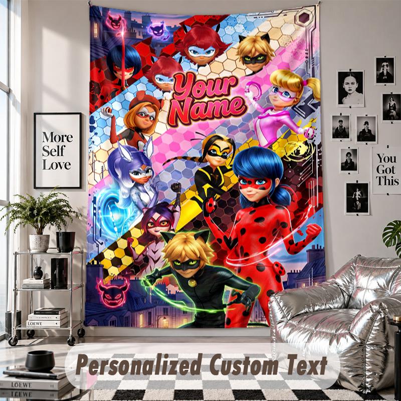 Wall Hanging Tapestry With Custom Name & Text, Miraculous Ladybug Decorative Tapestry For Bedroom