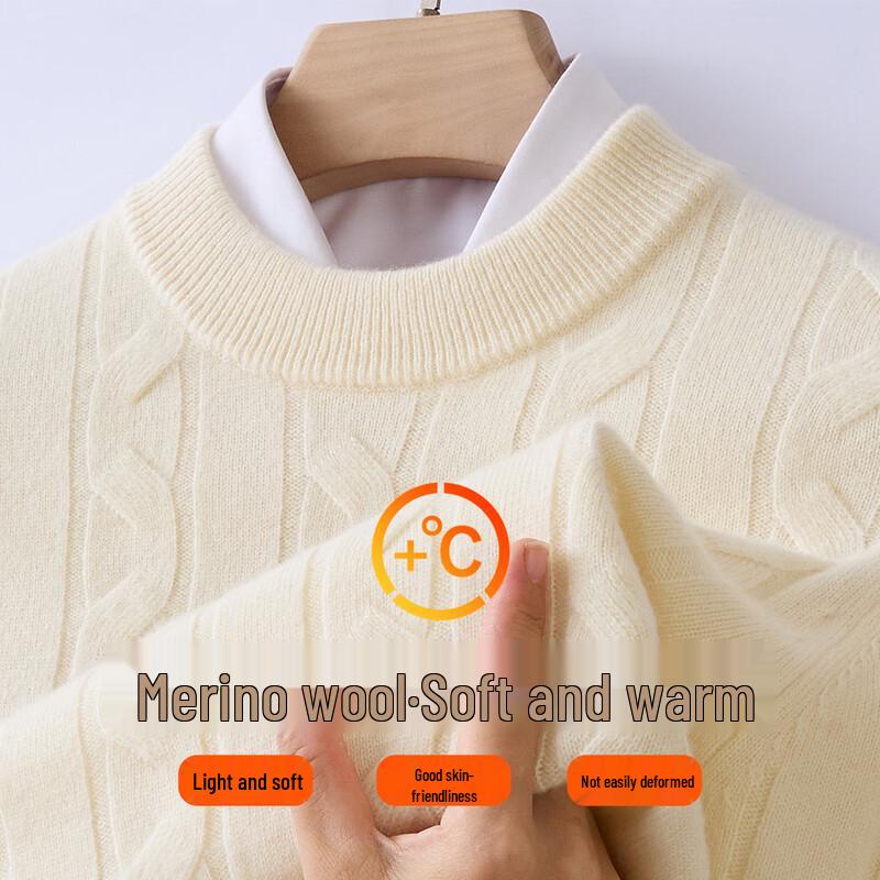 Golden Chrysanthemum Men's 100% Wool Round Neck Cable Knit Sweater