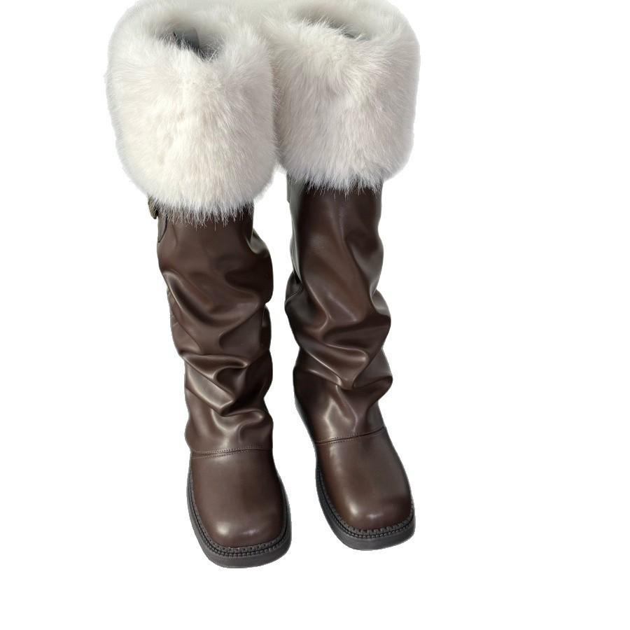 Tall Snow Boots Long Hair Autumn and Winter Warm Babes Pile Boots Retro Velvet Martin Boots Children 2025 Boots