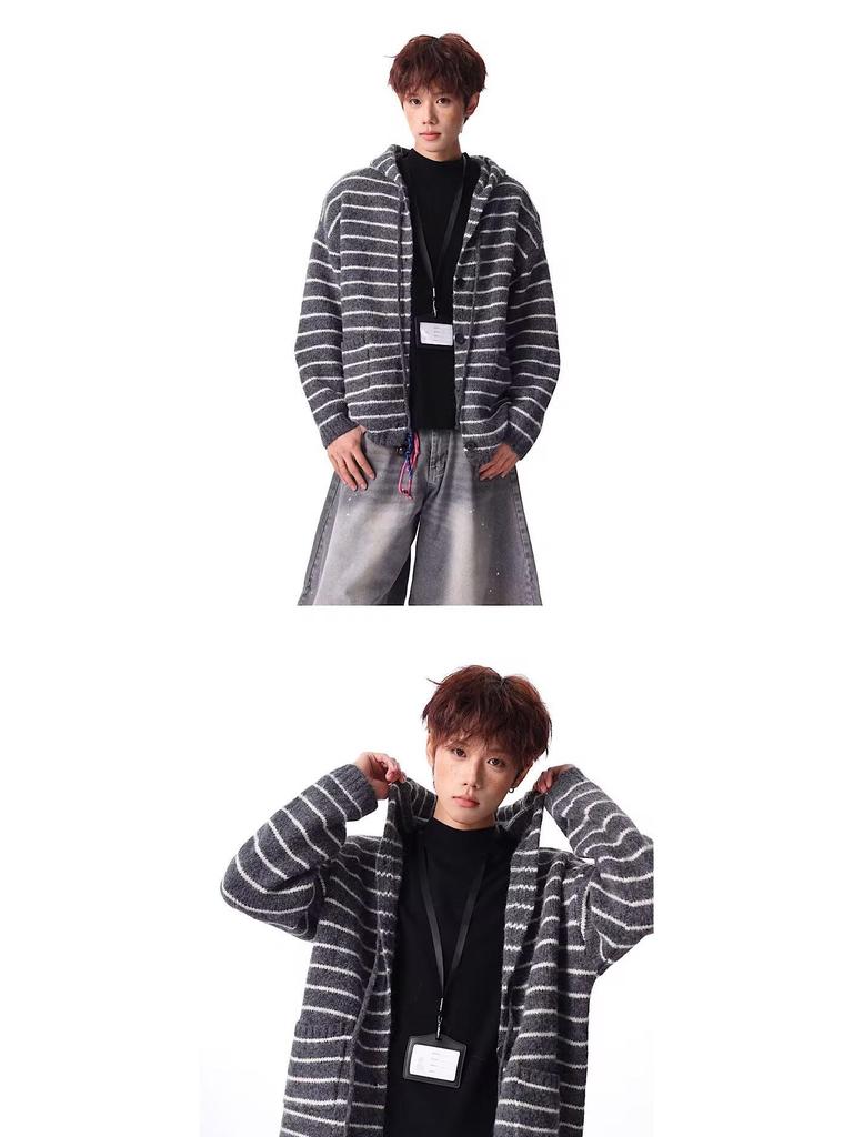Unisex Schwergewichtiger, gestreifter Kapuzencardigan, Herbst/Winter, Koreanischer Stil, Strickpullover aus Wolle für Paare.