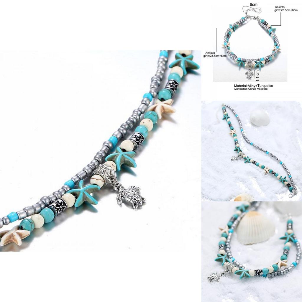 Vintage Blue Starfish Shell Anklet Beach Turtle Anklet Vacation Rice Bead Anklet