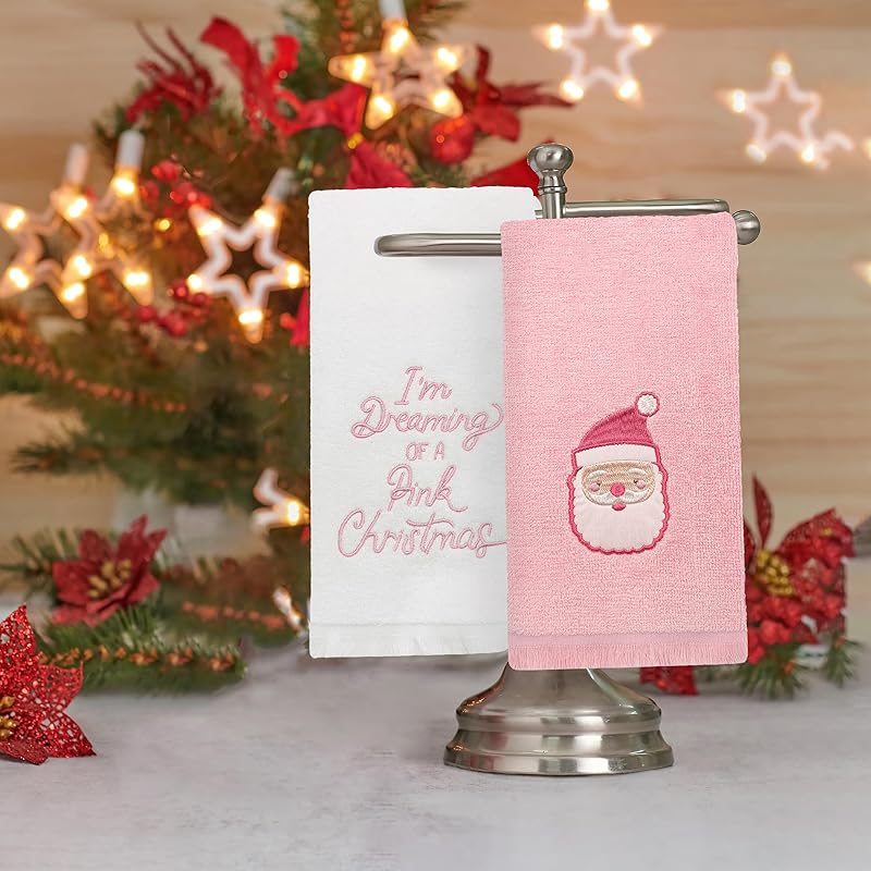 Christmas Decorative Bath or Kitchen 16 x26 Hand Towel Set of 2 Pink Santa & “Dreaming of a Pink Christmas” Embroidered Holiday Hand Towels Pink Santa