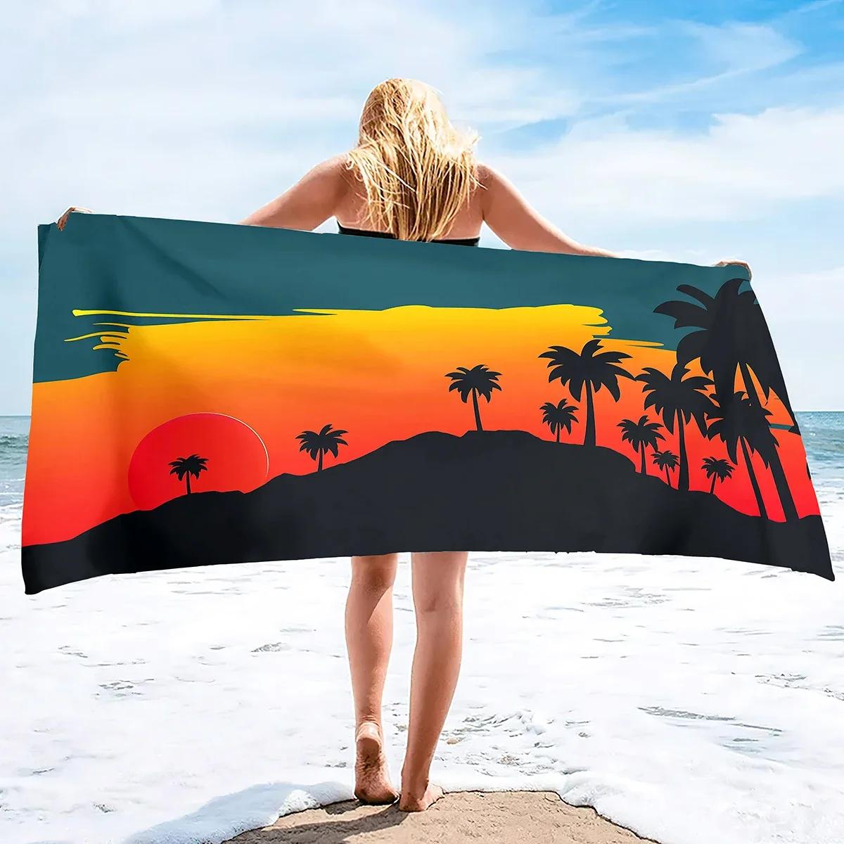 

Beach Towel Oversized,Thick Sand Free Microfiber Beach Towel, Super Absorbent Tropical Coconut Tree Sunset Swim Beach Towels W30*H60(CM)