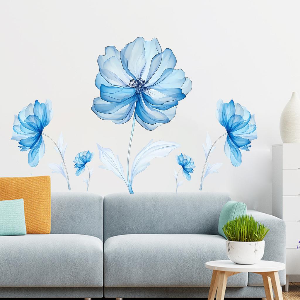 Light Blue Flower Wall Sticker for Bedroom Background Decor PVC Peel and Stick Decal