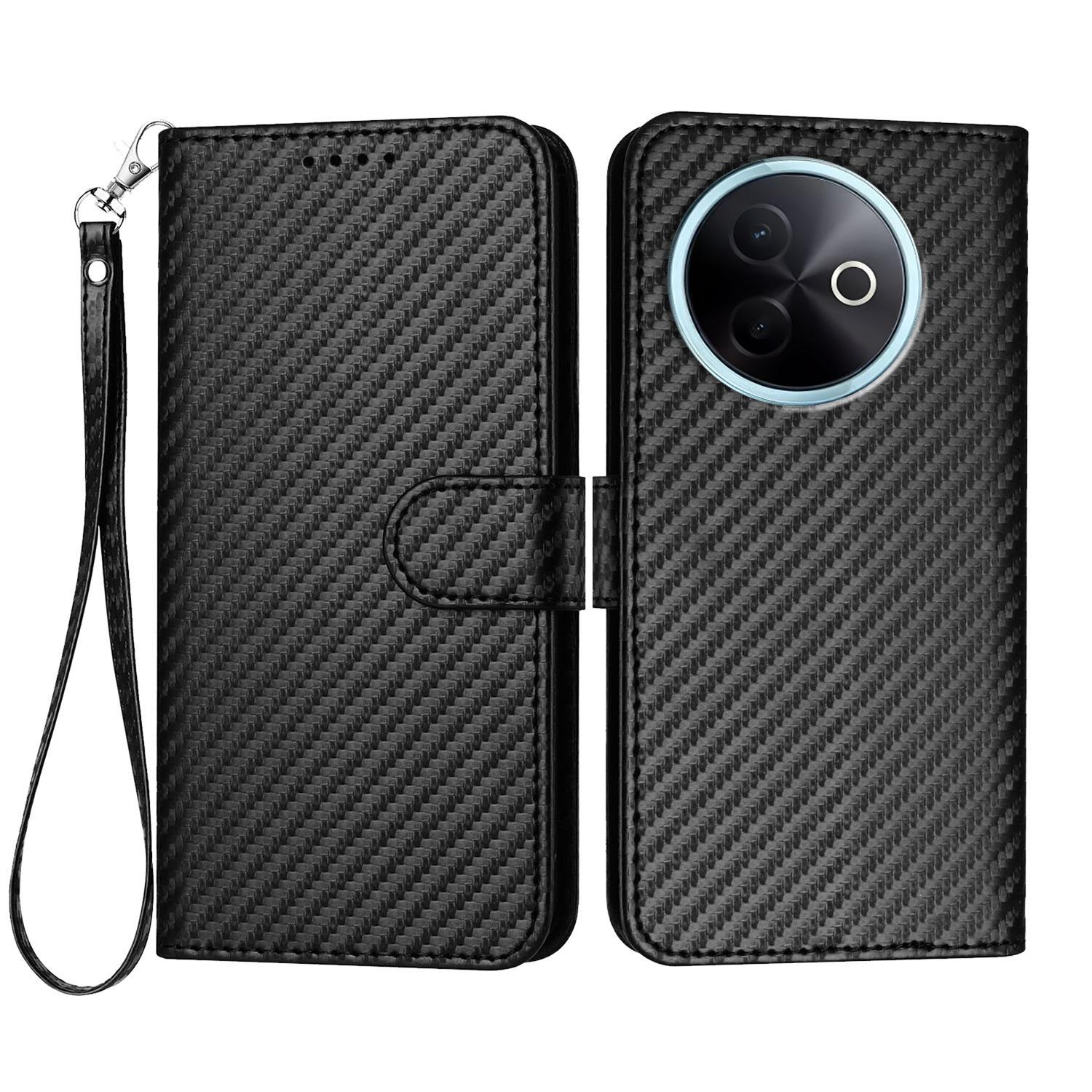 

For vivo Y300i 5G/vivo Y39 5G Wallet Case with Strap Carbon Fiber Texture Leather Mobile Cover Black