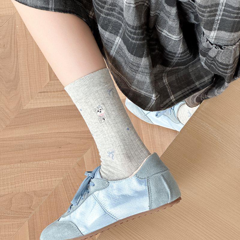 Zhuji Women's Cute Cartoon Embroidered Mid-Calf Cotton Socks, Preppy Style