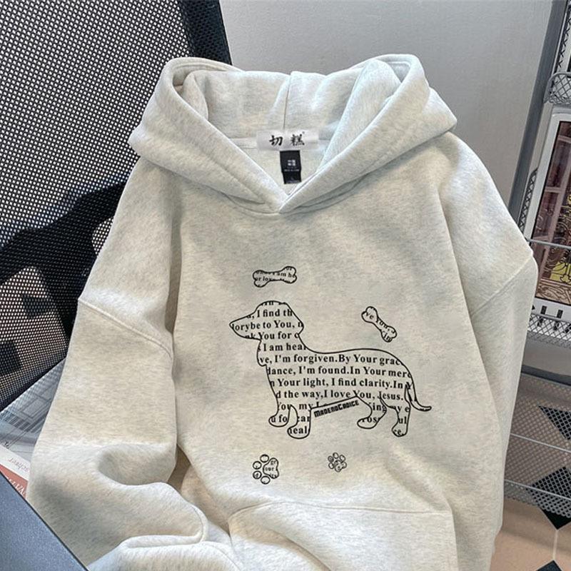 Autumn and winter retro printing heavy hooded sweater men's fleece thickened ruffian handsome loose versatile pullover woman