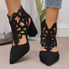 Summer new thick heel high heels women's fashion hollow zipper pointed sandals women's summer bag head cool boots