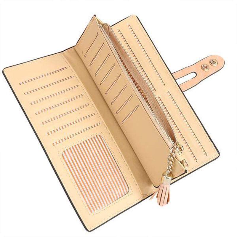 Elegant Women Leather Card Holder Long Trifold Wallet With Tassel And Checkbook Pocket