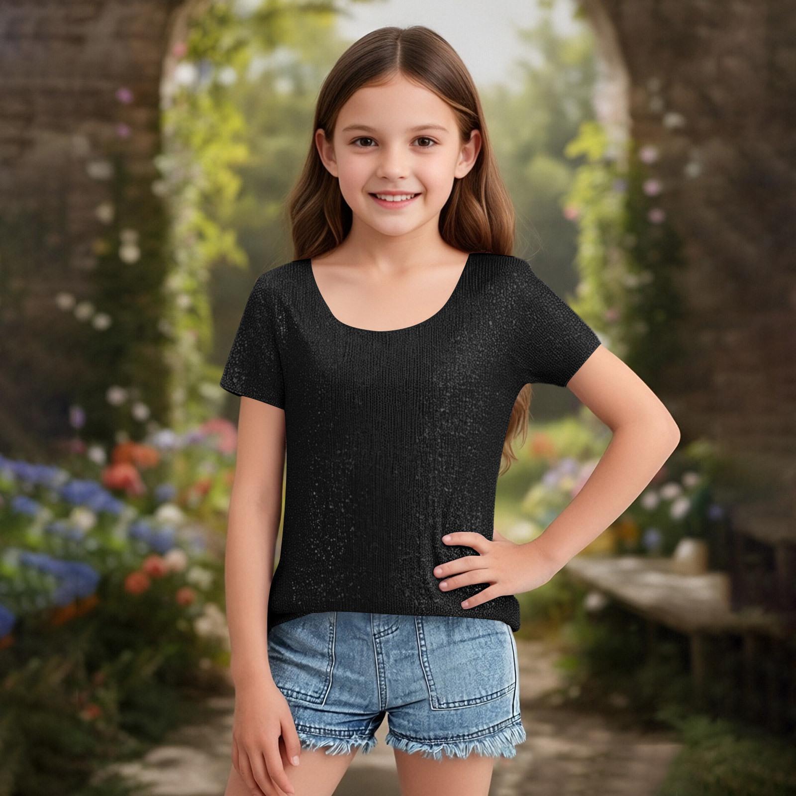 

Девочки Длинный Рукав Пайетки Блестящий Вырез Свободный Пуловер Повседневный Милый Топы 120 чёрный