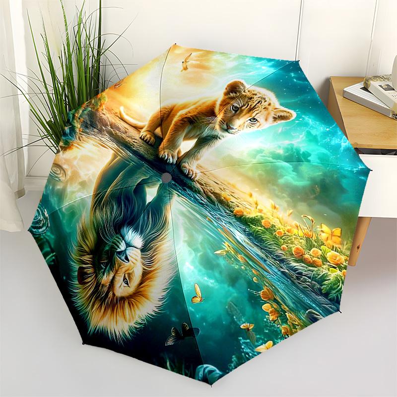 

1pc Lion Cub Reflection Fantasy Landscape Umbrella with Plastic Handle,Vibrant Cartoon Pattern,Multi-functional UmbrellaPT167