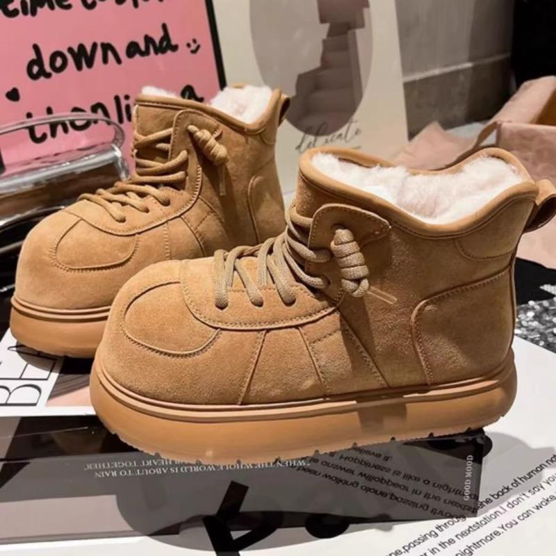 Big Head Snow Boots Women's New Winter Thick-soled Leather Velvet Warm Lightweight Non-slip Cotton Shoes