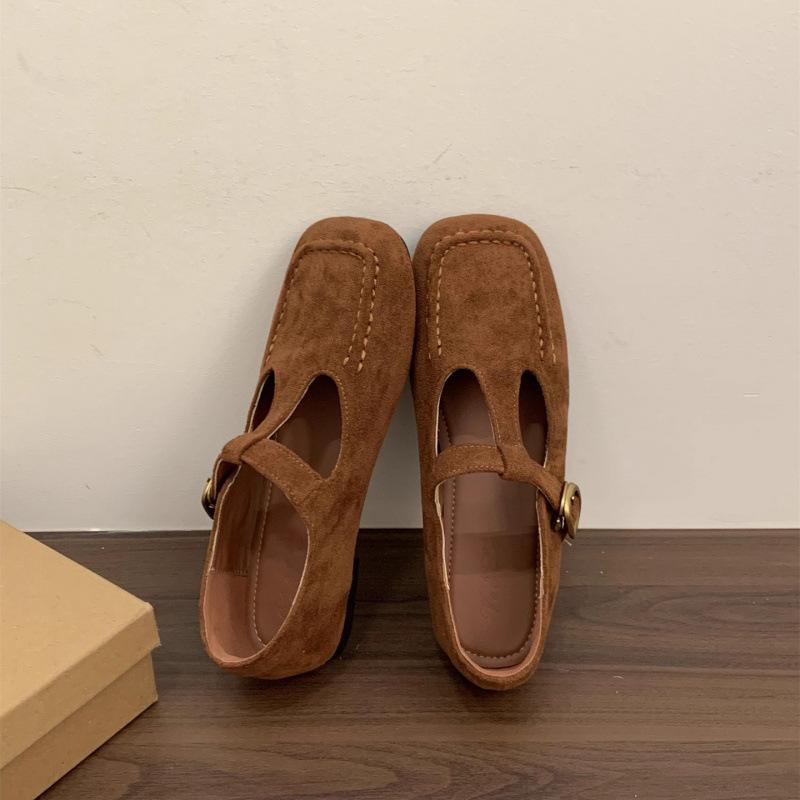 Soft-soled Version~ Retro Brown Flat-bottomed Square-headed Mary Jane Shoes, Autumn New Shallow-mouth Soft-soled Single Shoes, One-pedal Women