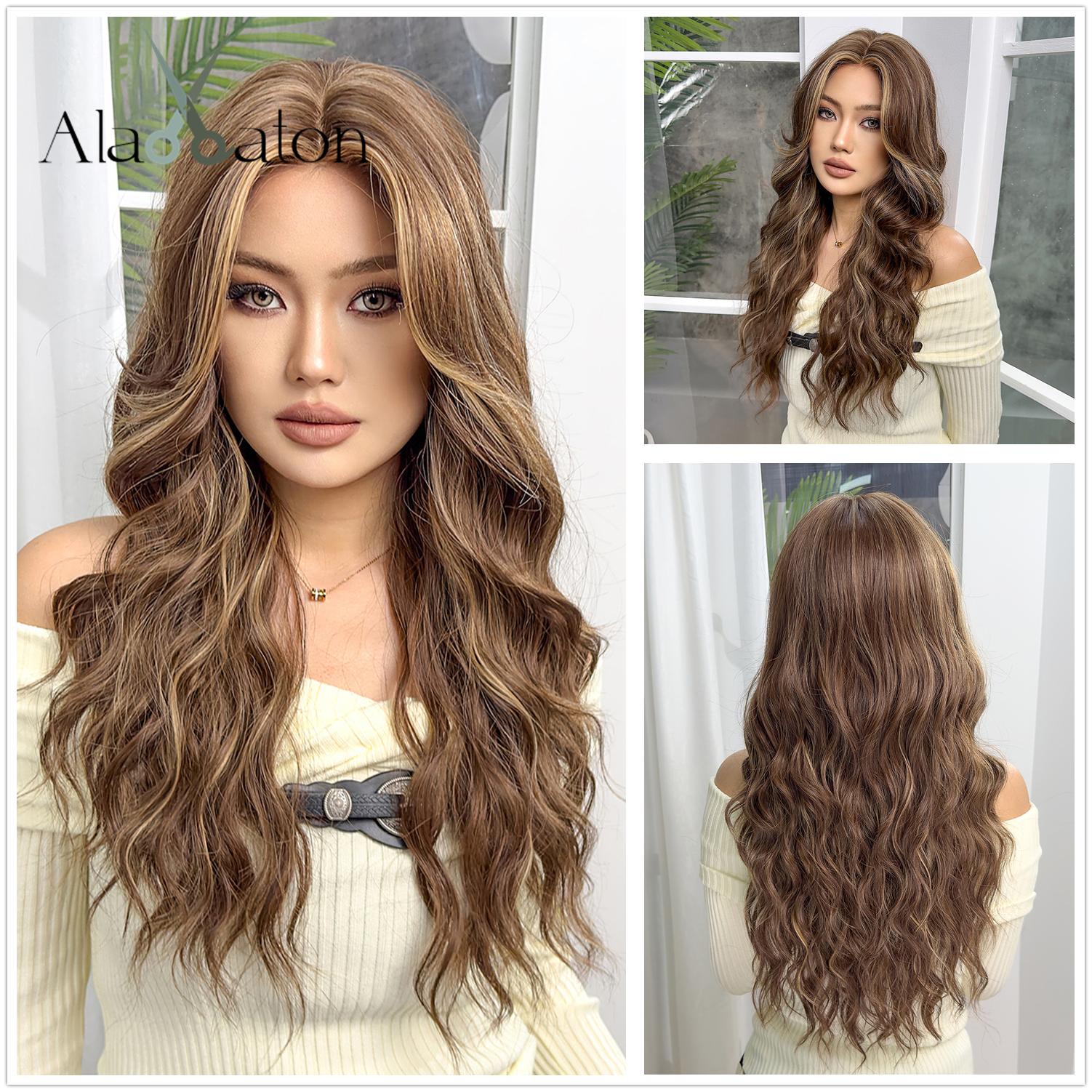 

ALAN EATON Длинные коричневые синтетические парики с омбре с челкой на голове, волнистый синтетический парик для женщин, повседневные вечеринки, свидания, термостойкое волокно