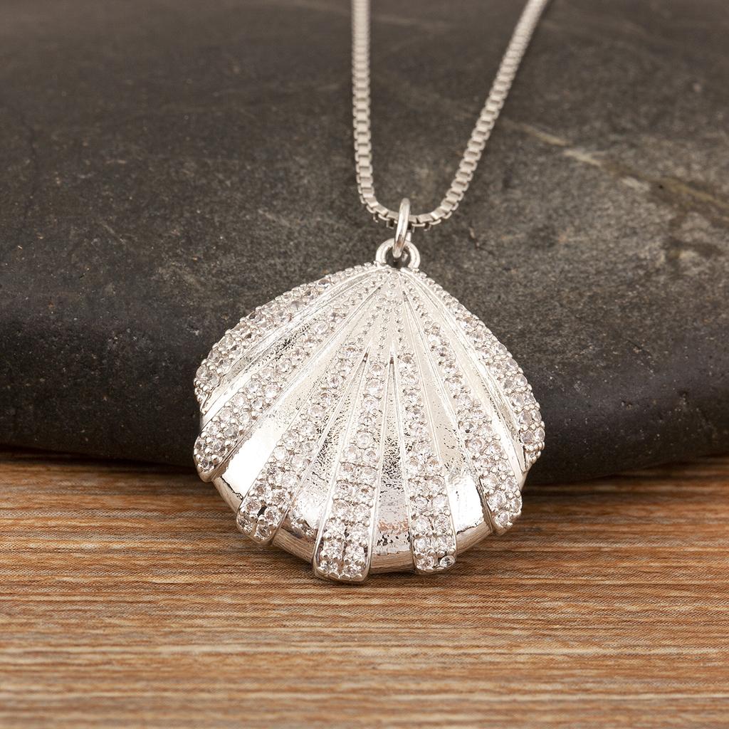 Nidin New Fashion Lucky Shell Shape Inlaid Pearl Crystal Zircon Pendant Necklace For Women Female 4 Styles Choice Jewelry Gifts