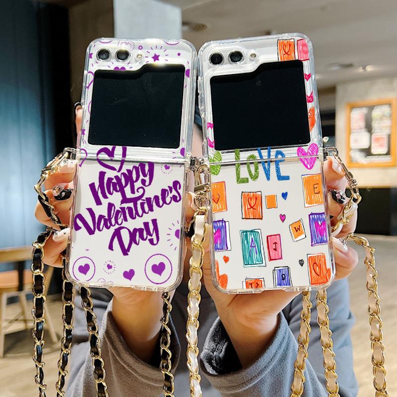

Для Samsung Galaxy Z Flip5 Flip4 Love Hearts противоударный металлический ремешок через плечо Жесткий ПК Прозрачный чехол для телефона Samsung Z Flip5