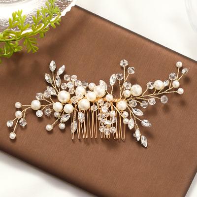 Trendy Gold Pearl Crystal Tiara Wedding Hair Combs Hair Accessories for Bridal Headpiece Women Wedding Hair Jewelry Accessories