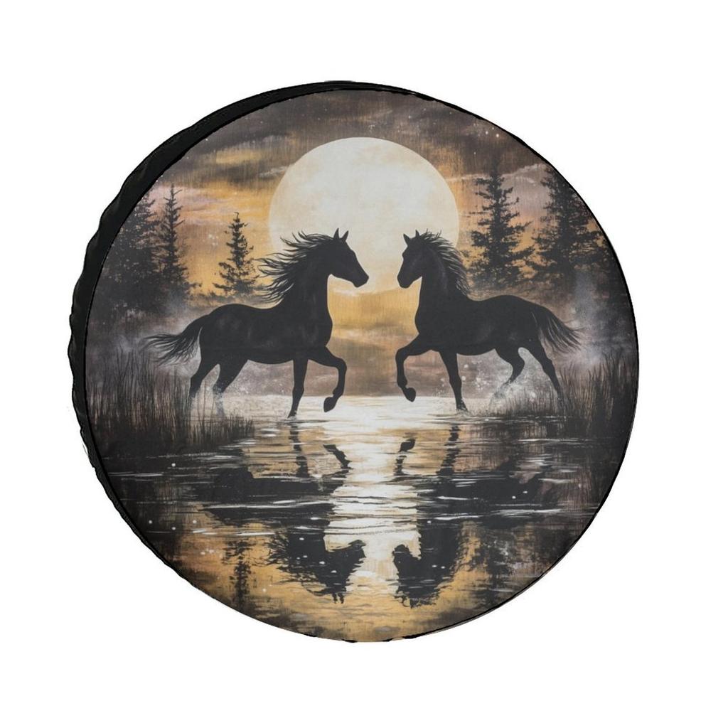 Moonlit Horses Running Spare Tire Cover Durable Polyester SUV RV Trailer Wheel Protector
