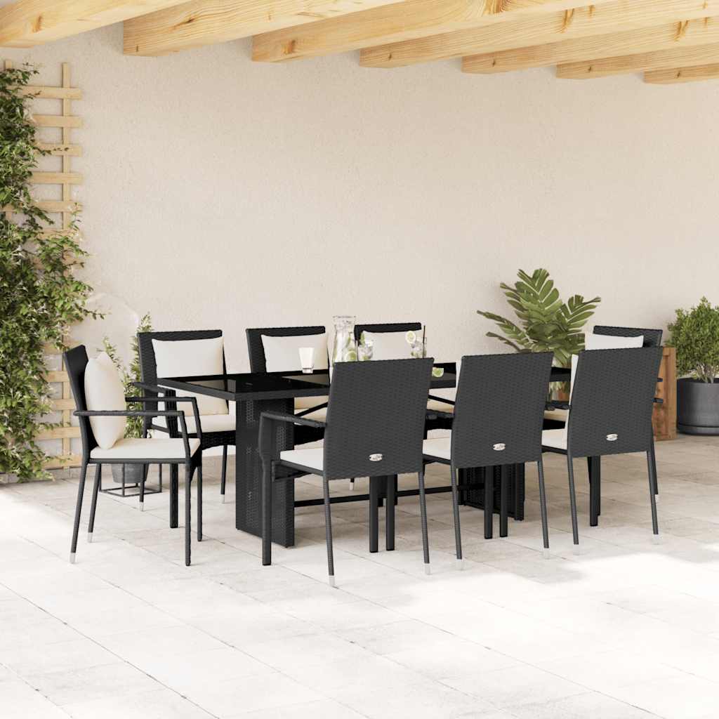 9 Piece Outdoor Dining Set with Cushions Black Poly Rattan