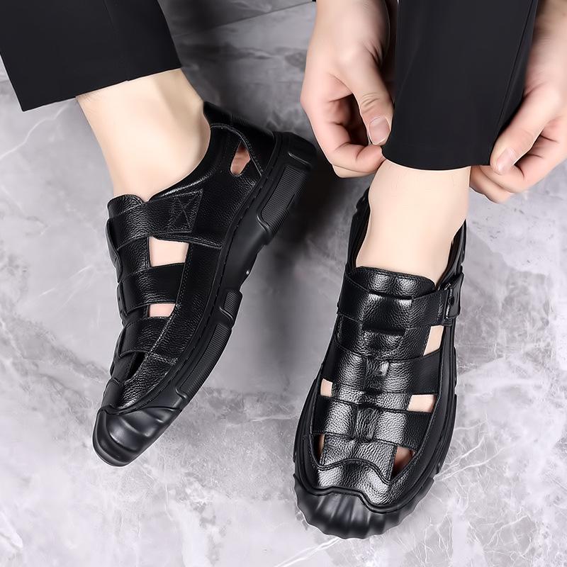 

2025 summer leather sandals dad middle-aged men s leather hollowed-out men s shoes soft-soled men s sandals non-slip breathable non-slip 38