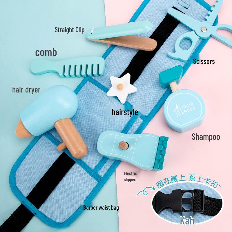 Realistic Toddler Barber Set: Wooden Hairdressing Tools with Waist Pack