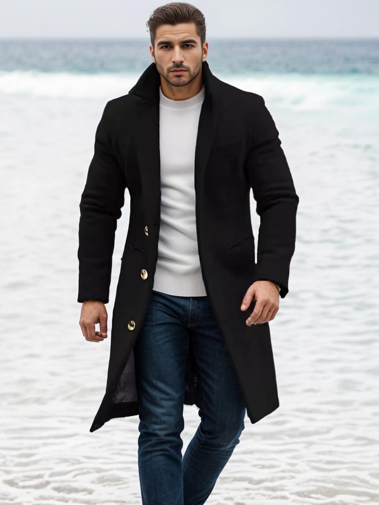 2025 European Men's Woolen Mid-Length Single-Breasted Fashion Overcoat