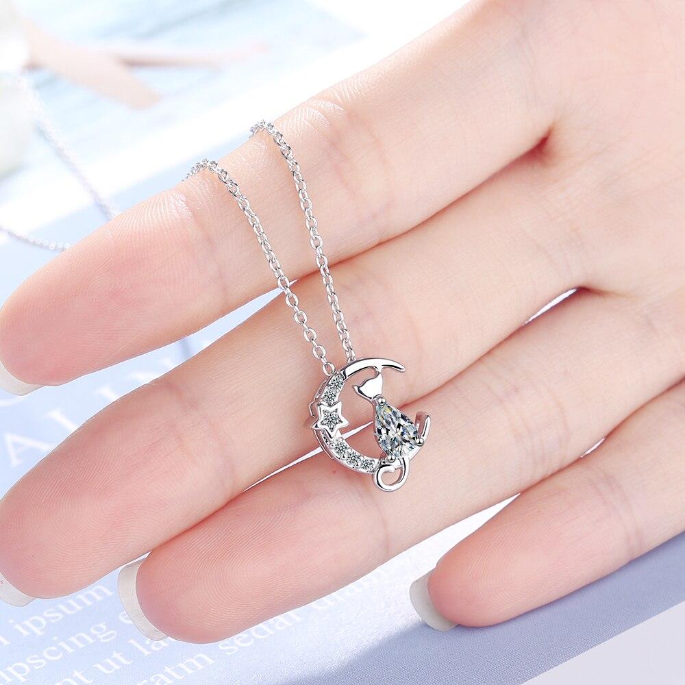 925 Sterling Silver Cute Moon Star Cat Charm Pendant Necklace Sparkling Cubic Zircon Clavicle Chain Jewelry For Women S -N521