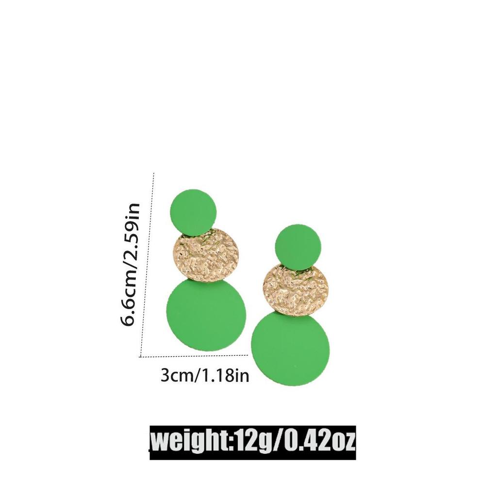 European & American High-End Metal Green Geometric Round Earrings for Women - Elegant Patchwork Design