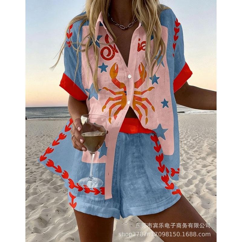 Conjunto de pantalones cortos de playa y camisa de manga corta para mujer, multicolor, vida marina, ocio, vacaciones, conjunto de dos piezas