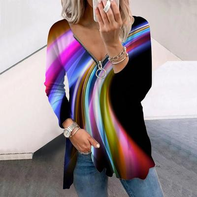 T-shirt ample à manches longues et col en V pour femme, imprimé dégradé de couleurs, grande taille, confortable, automne