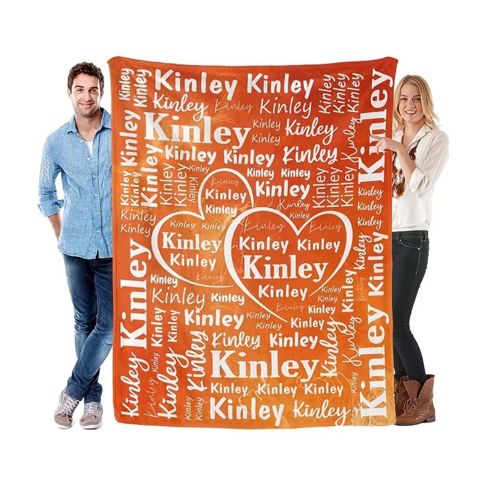 Personalized Custom Name Blanket Flannel with Gradient Green Heart Name Design All Season Luxury Gift for Christmas Gift
