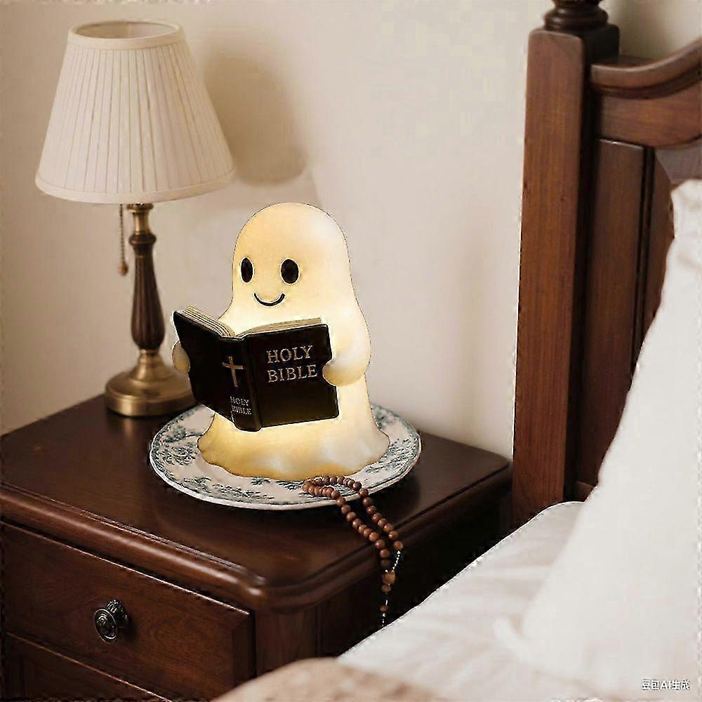 Ghost Reading Book Lamp, Halloween night lamp for books with hot LED, 3D resin decorative figure for bedroom Table, cute and scary gift for book lover