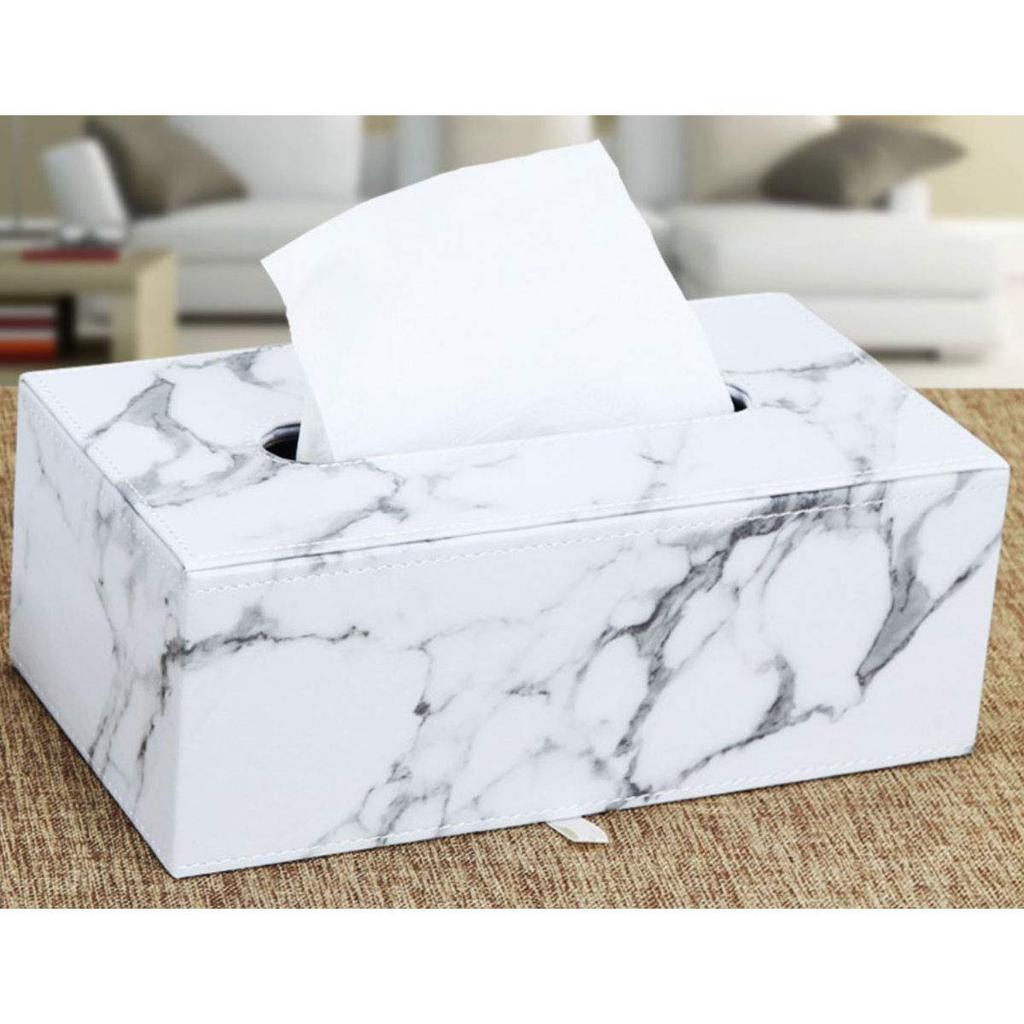 iikuru Tissue Case, Car Leather, Stylish Tissue Box, Black and White, Case with Magnetic Tissue Storage Cover, Leather (Marble White)