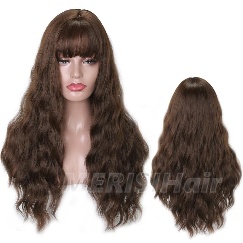 LISI HAIR Damemote langt bølget hår parykk med smell Svart Brun Blond syntetisk fiber parykk med smell Fest Daglig slitasje