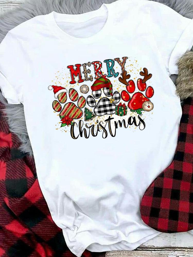 (Asian Size) Women Holiday Print Tee Top festival Merry Christmas New Year letter sweet 90s Casual  Lady Short Sleeve Fashion Graphic T-shirts