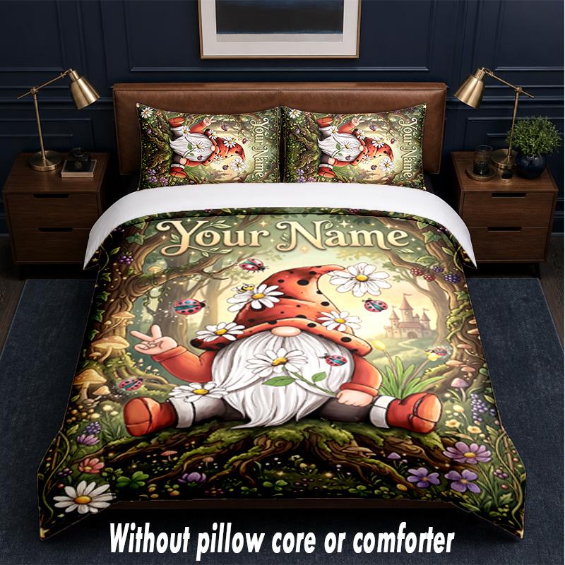 Gnome Theme Custom Text Or Name 3Pcs Bedding Set,1 Flat Sheet & 2 Pillowcases Personalized Home Bedding