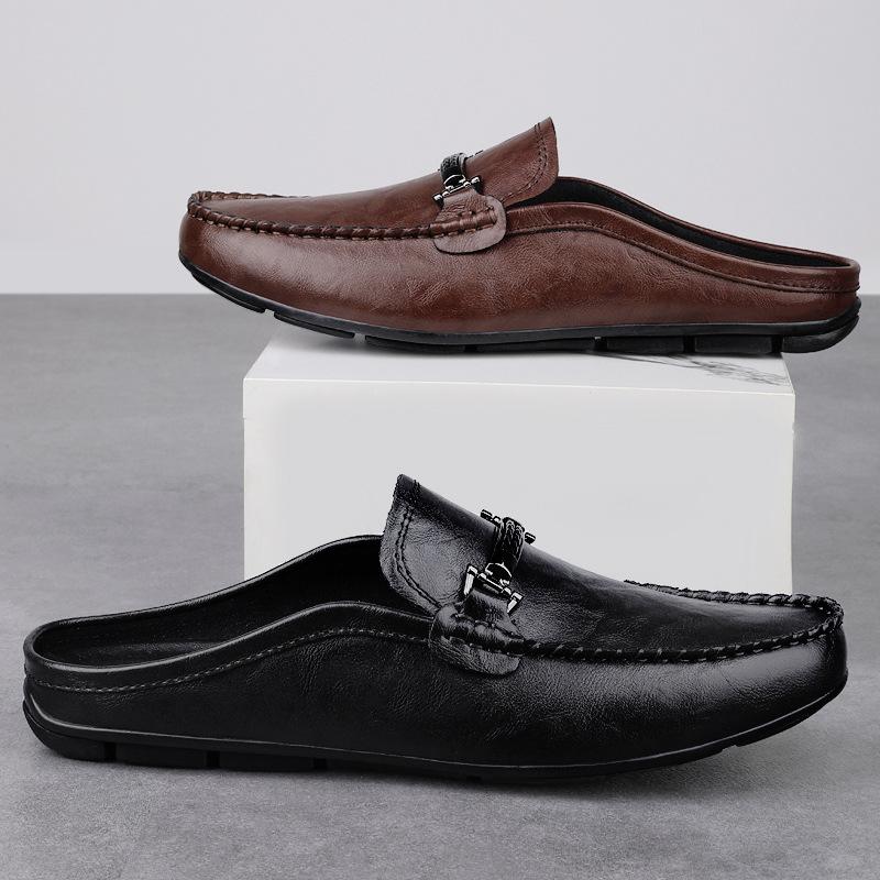 Summer Men's Leather Casual Moccasins - Comfortable Black/Brown Slippers for Driving & Work
