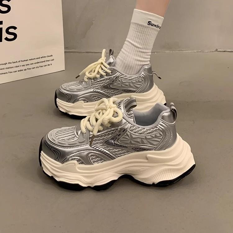 Fried Street Platform Dad Shoes Women's Height Increase Versatile Casual Shoes New Spring and Autumn Breathable Silver Sneakers