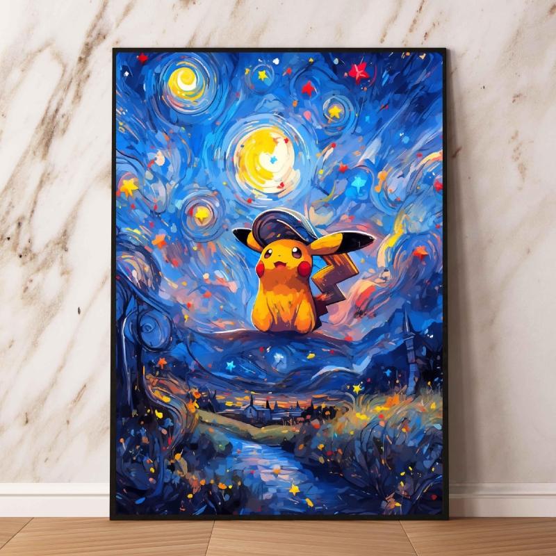 Van Gogh - Style Pokemon Decorative Paintings - Pikachu Gengar in Starry Night Art Unique Wall Art for Home Decor