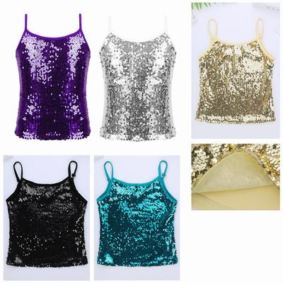 Kids Girls Spaghetti Straps Sparkly Sequined Tops Sleeveless Camisole Tank Top for Dancing Stage Performance