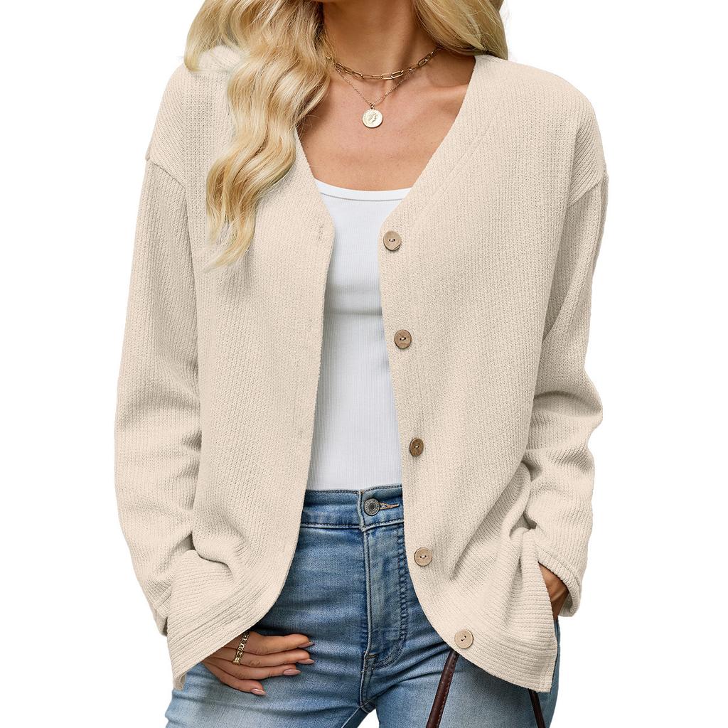 Europe, America 2026 Autumn and Winter New Solid Color V-neck Loose Long-sleeved Button Cardigan Jacket Women