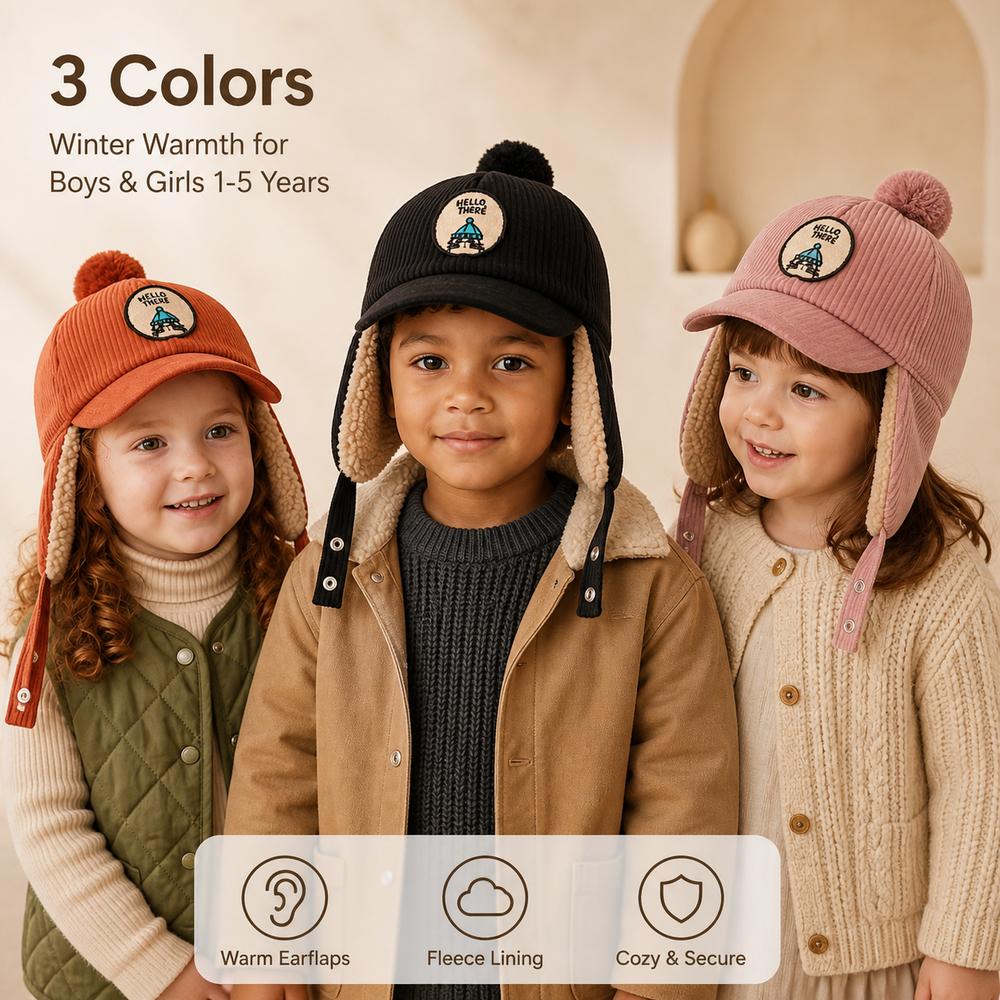 Solid Color Baby Ear Protection Cap Faux Lamb Fleece Lining Toddler Kids Cap For Boys And Girls