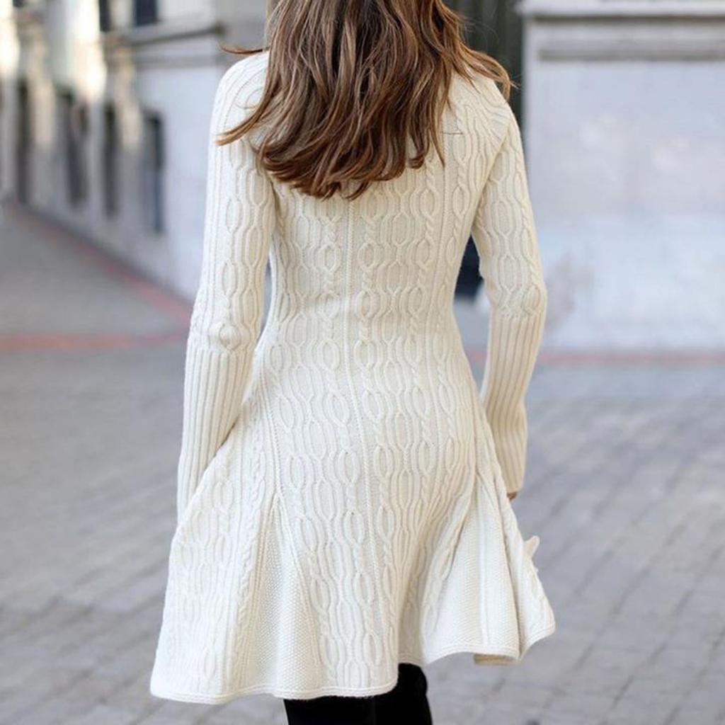 Fashionable Solid Cable-knit Turtleneck Casual Long Sweater Dress for Women
