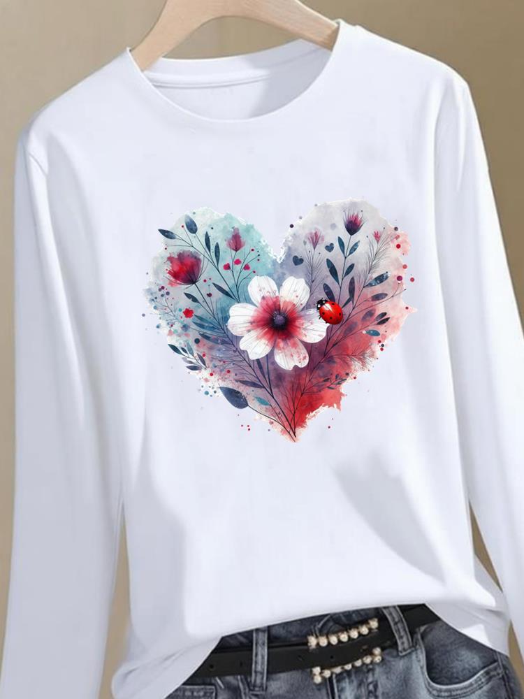 (Asian Size) Trend Lovely Style Graphic Tee Women Autumn Winter Spring Casual Fashion Top O-neck Clothing Print T Shirt Long Sleeve T-shirts