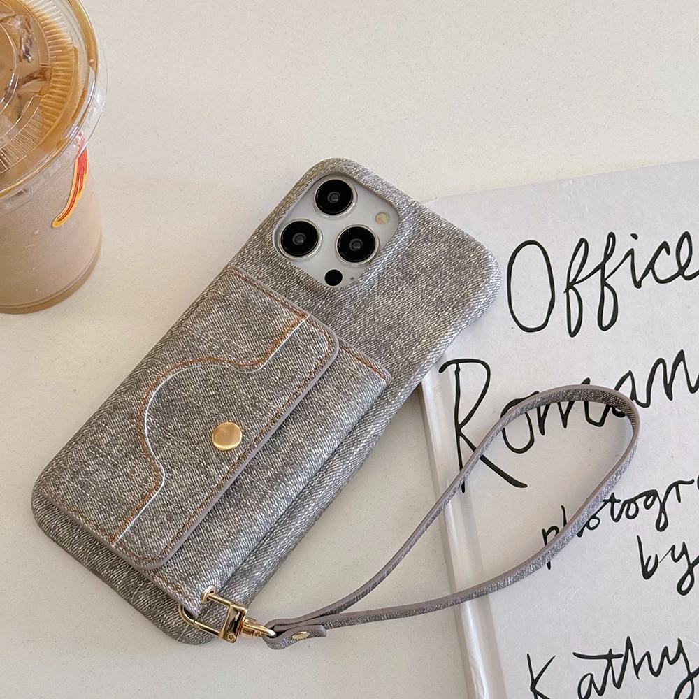 Für iPhone 16 Pro Max Hülle Kartenfächer Spiegeldesign Jeansstoff Textur PU Leder Rückseite mit Trageband