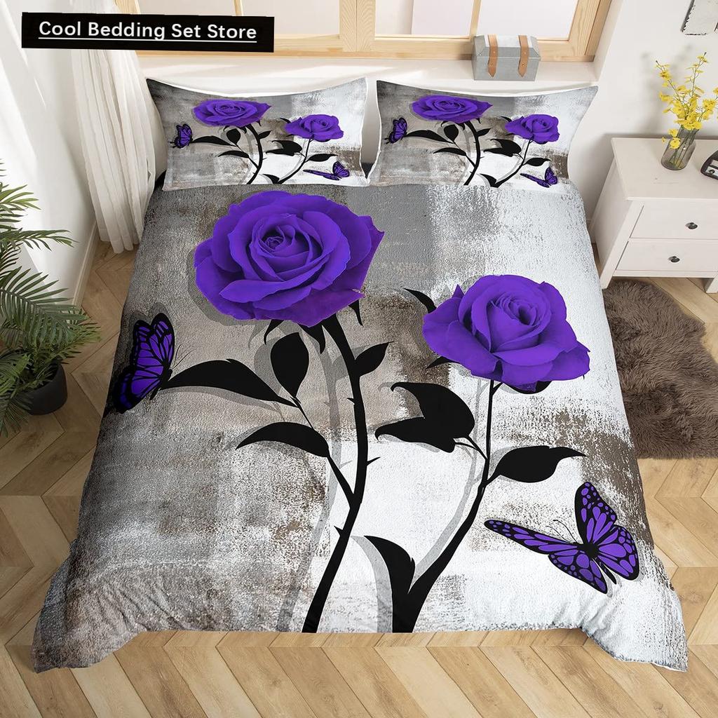 Goldene Rote Rose König Königin Bettbezug Romantisches Florales Bettwäscheset Valentinstag Blumen Steppdeckenbezug Polyester Bettdeckenbezug