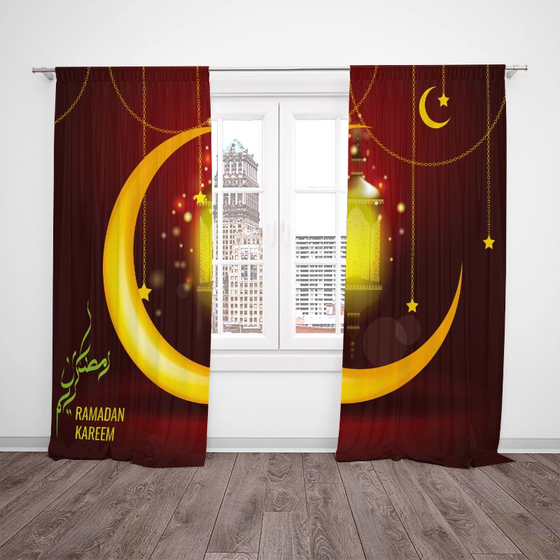 Set Of 2 Luxury Islamic Muslim Eid Theme Printed Curtain Moon Living Room Bedroom Decoration Polyester Perfect For