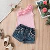 Girls Asymmetric Ruffle Cami + Printed Denim Shorts Two-Piece Set